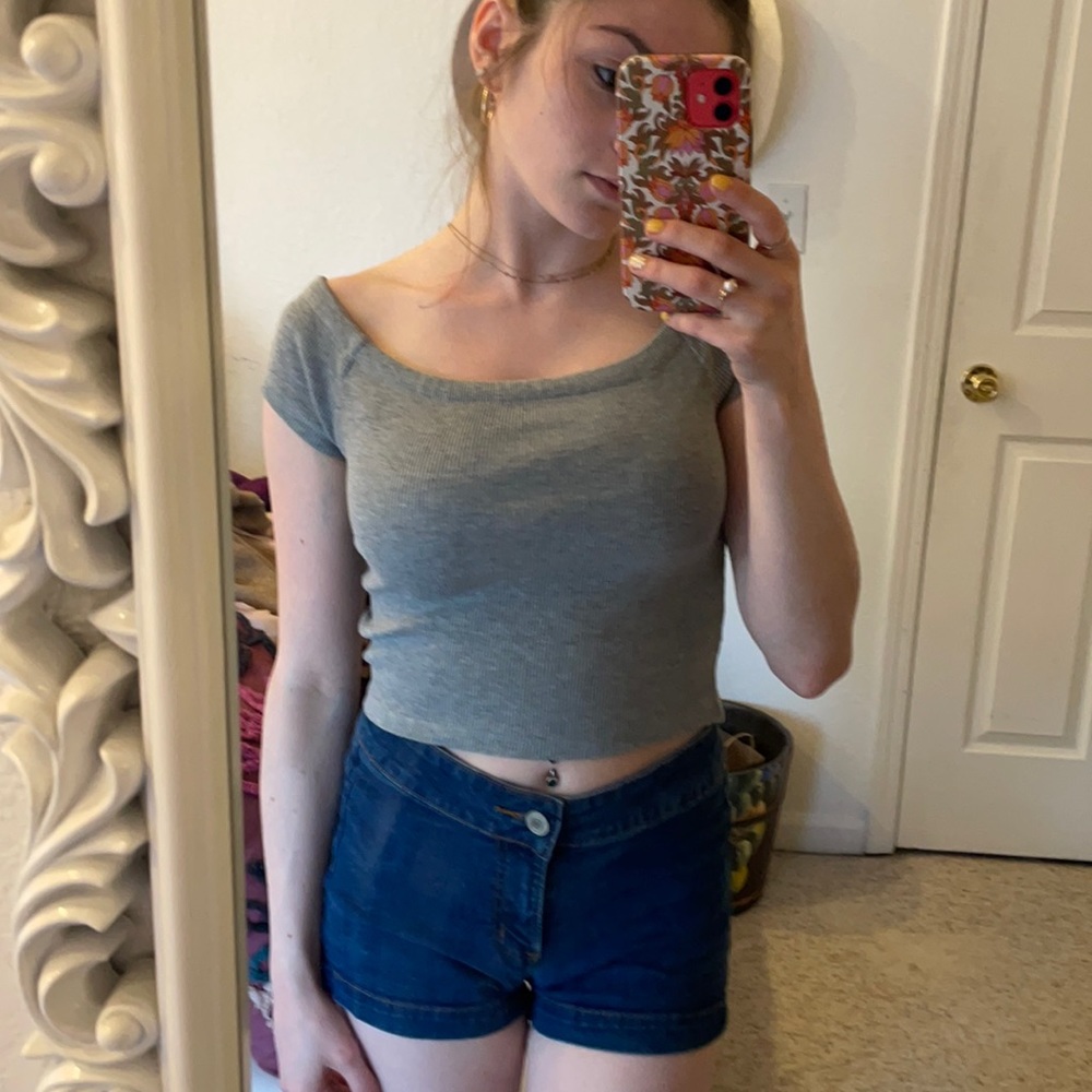 Gray off the shoulder crop top
